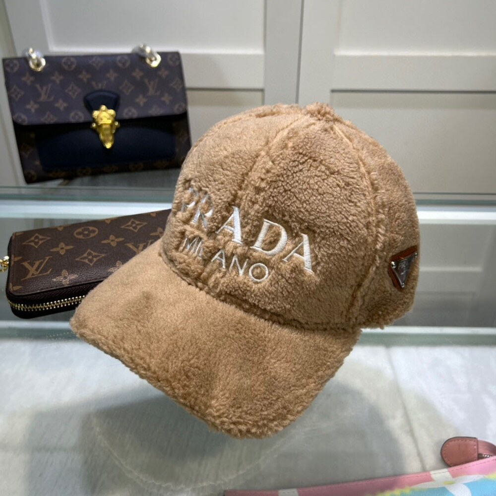 Prada Shearling Baseball Cap in Camel